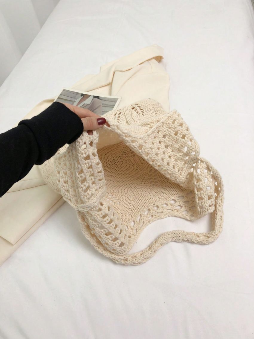 Hollow Out Crochet Bag White Double Handle For Vacation