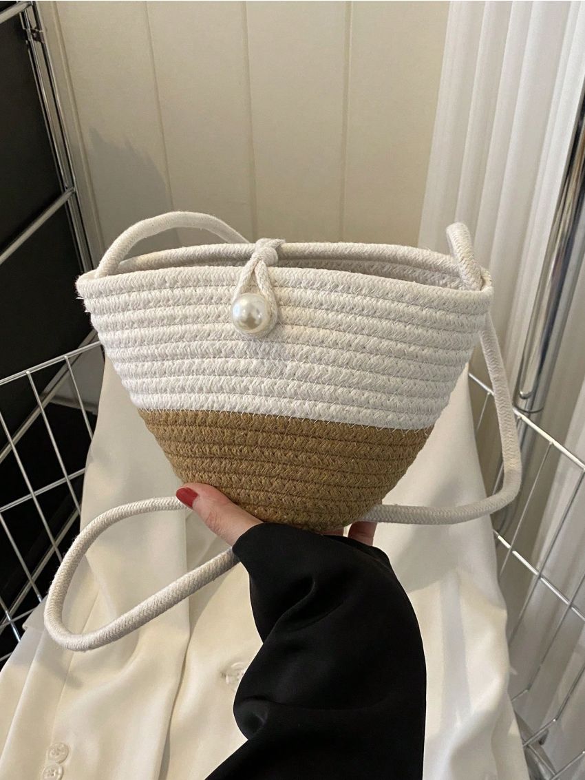 Mini Two Tone Crochet Bag Faux Pearl Decor For Vacation