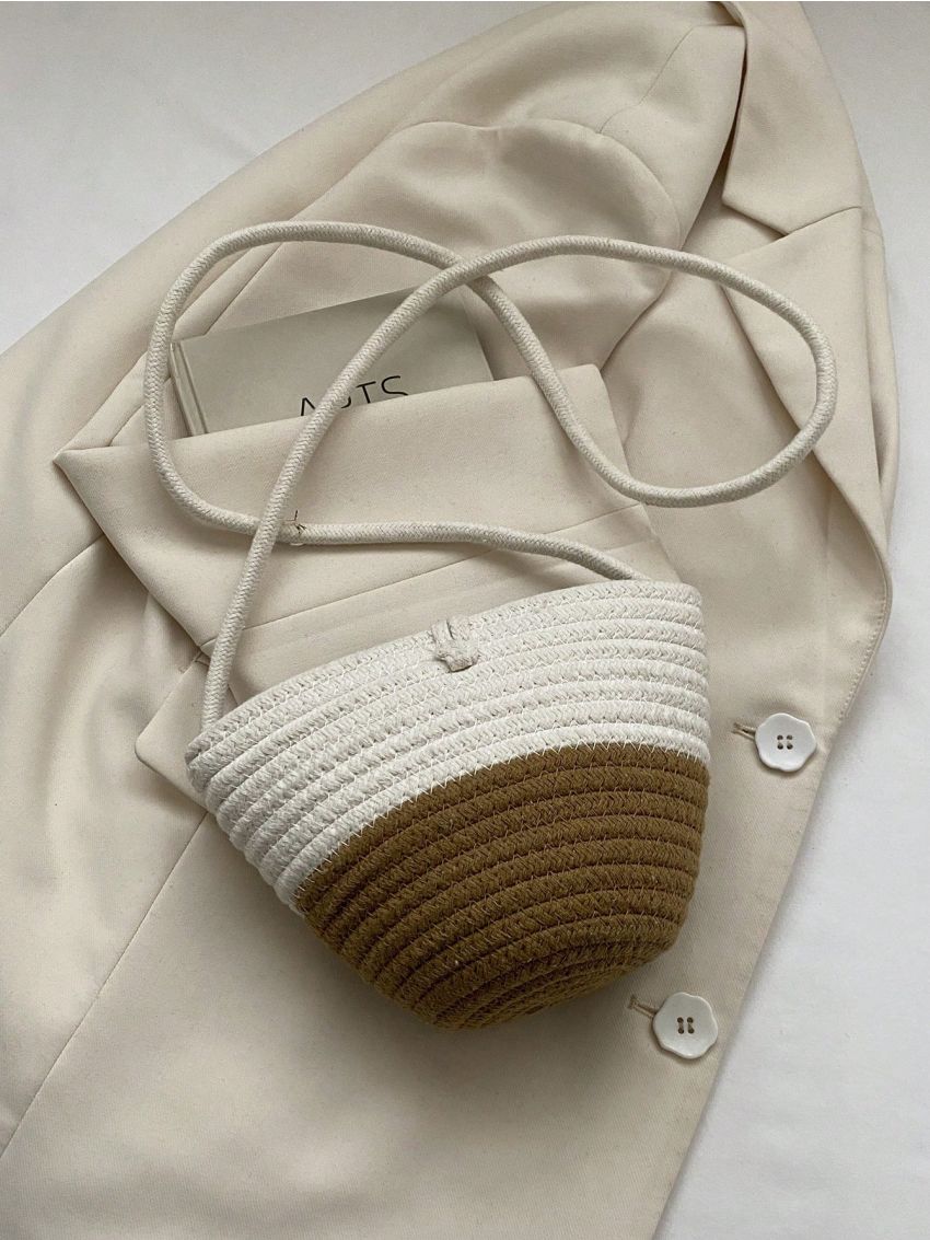 Mini Two Tone Crochet Bag Faux Pearl Decor For Vacation