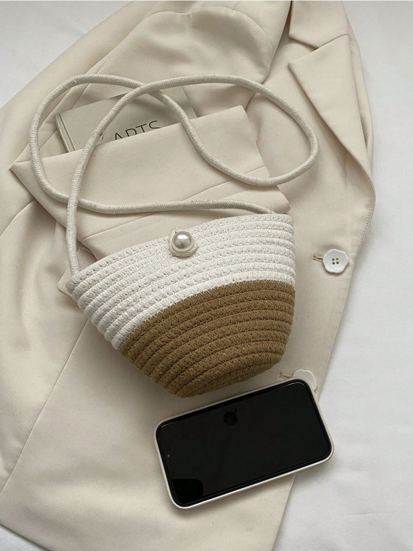 Mini Two Tone Crochet Bag Faux Pearl Decor For Vacation
