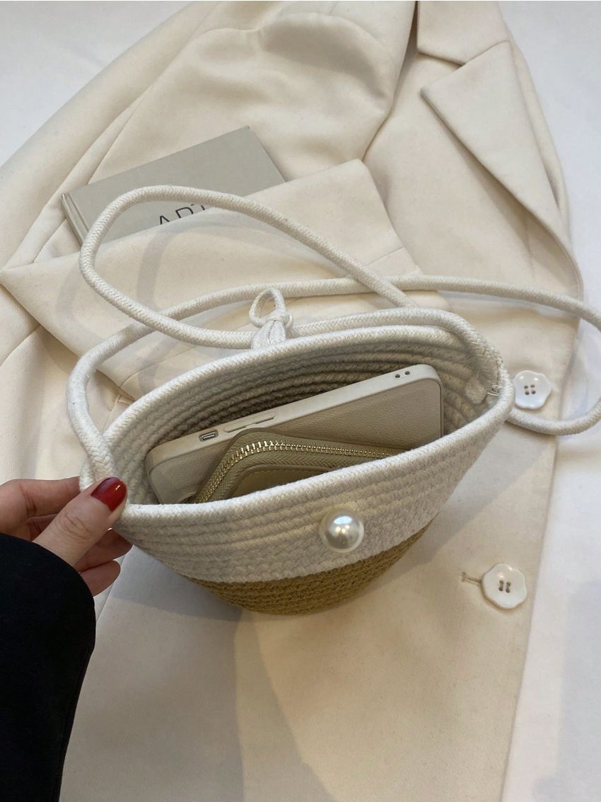 Mini Two Tone Crochet Bag Faux Pearl Decor For Vacation