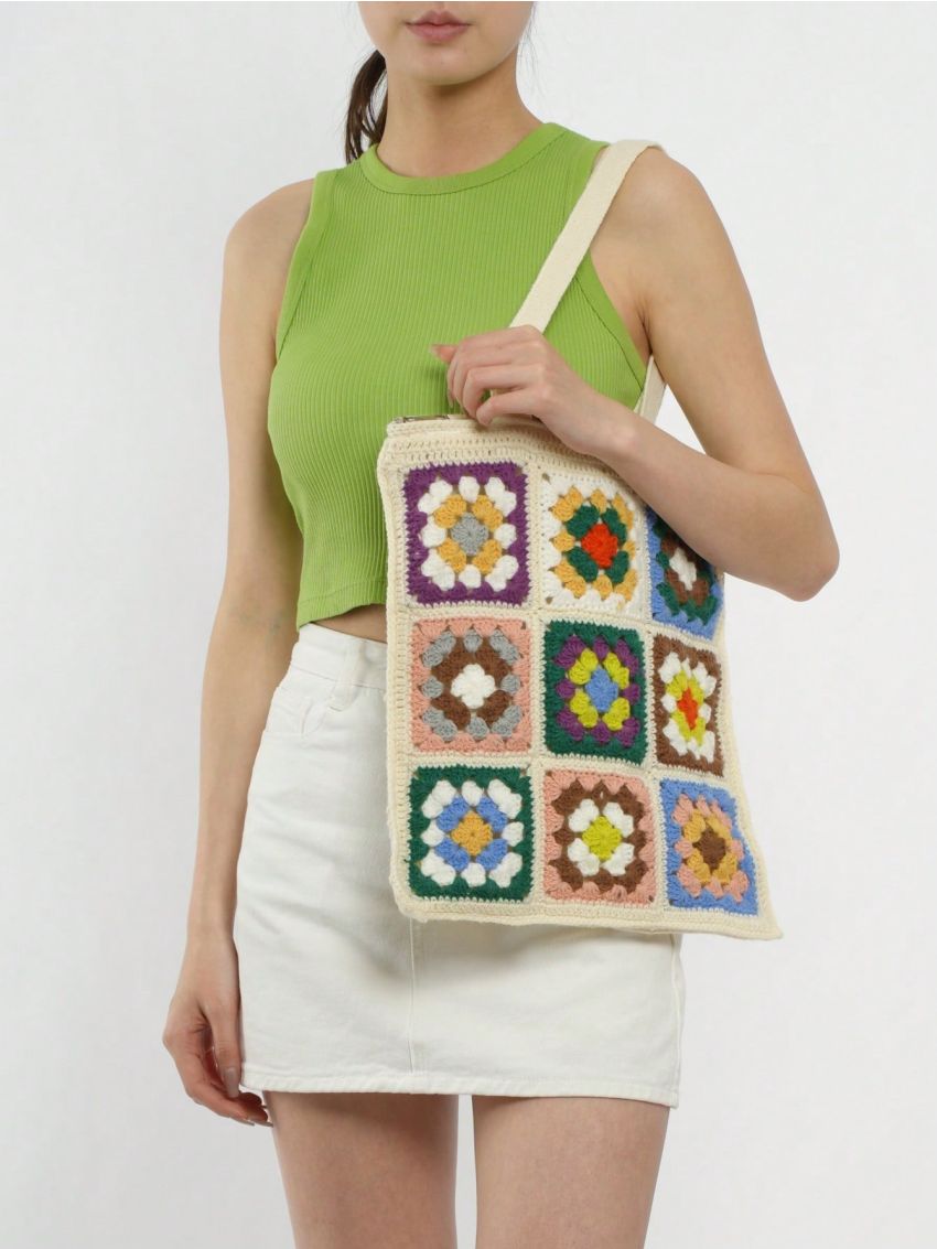 Floral Pattern Crochet Bag Colorblock Fashionable For Vacation