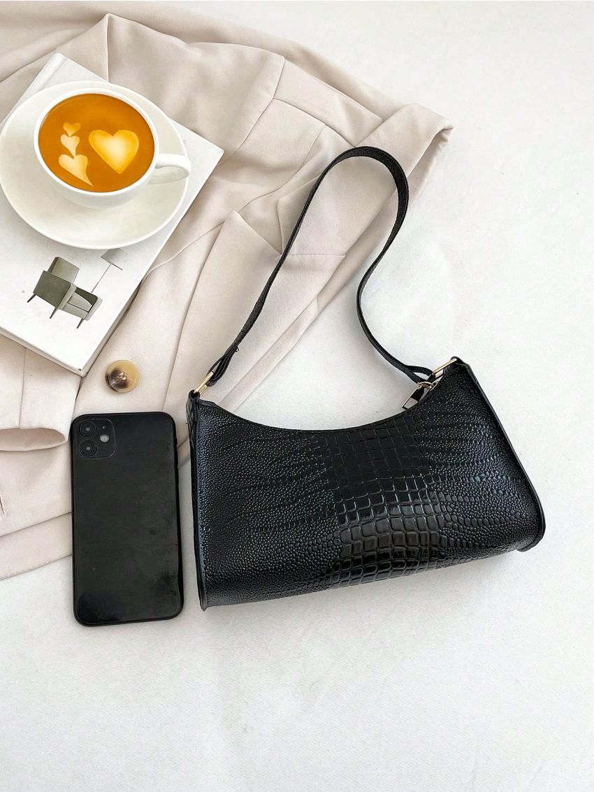 Crocodile Embossed Baguette Bag Burgundy Fashionable