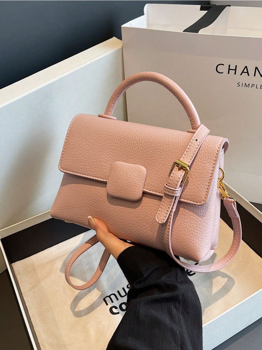 Litchi Embossed Square Bag Pink Fashionable Flap Top Handle