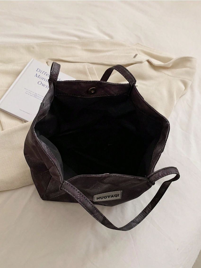 Letter Patch Decor Shoulder Tote Bag Plaid Pattern Double Handle