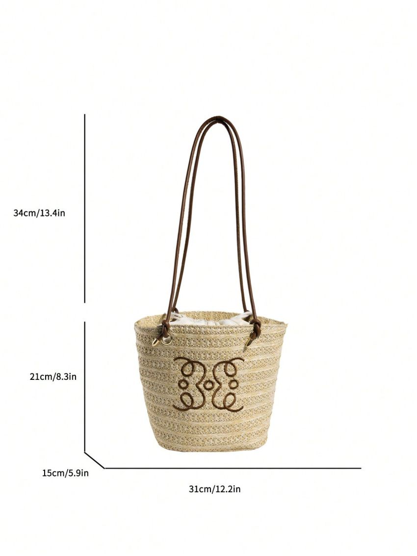 Embroidered Detail Straw Bag Vacation Khaki