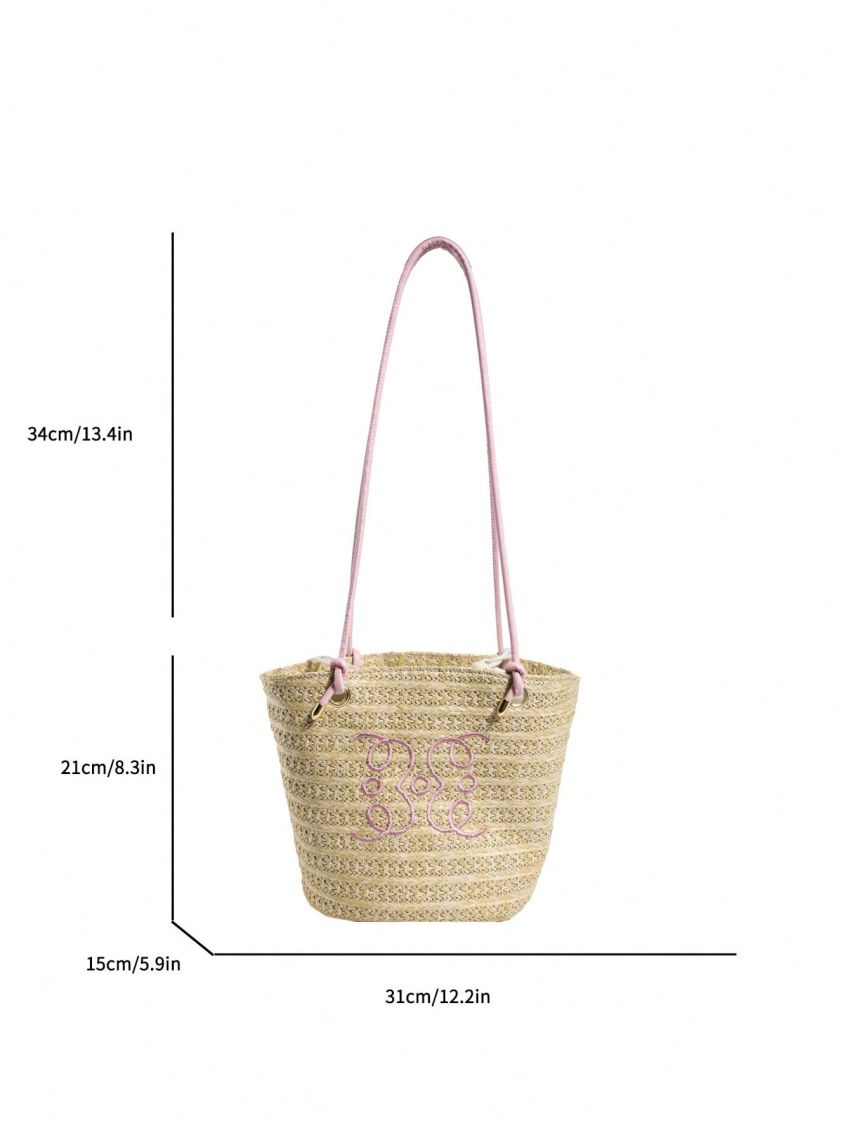 Embroidered Detail Straw Bag Vacation Khaki