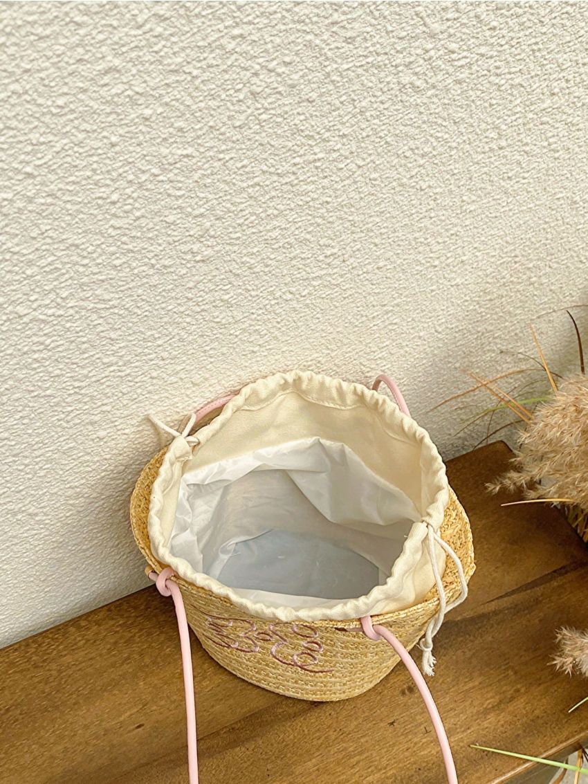 Embroidered Detail Straw Bag Vacation Khaki