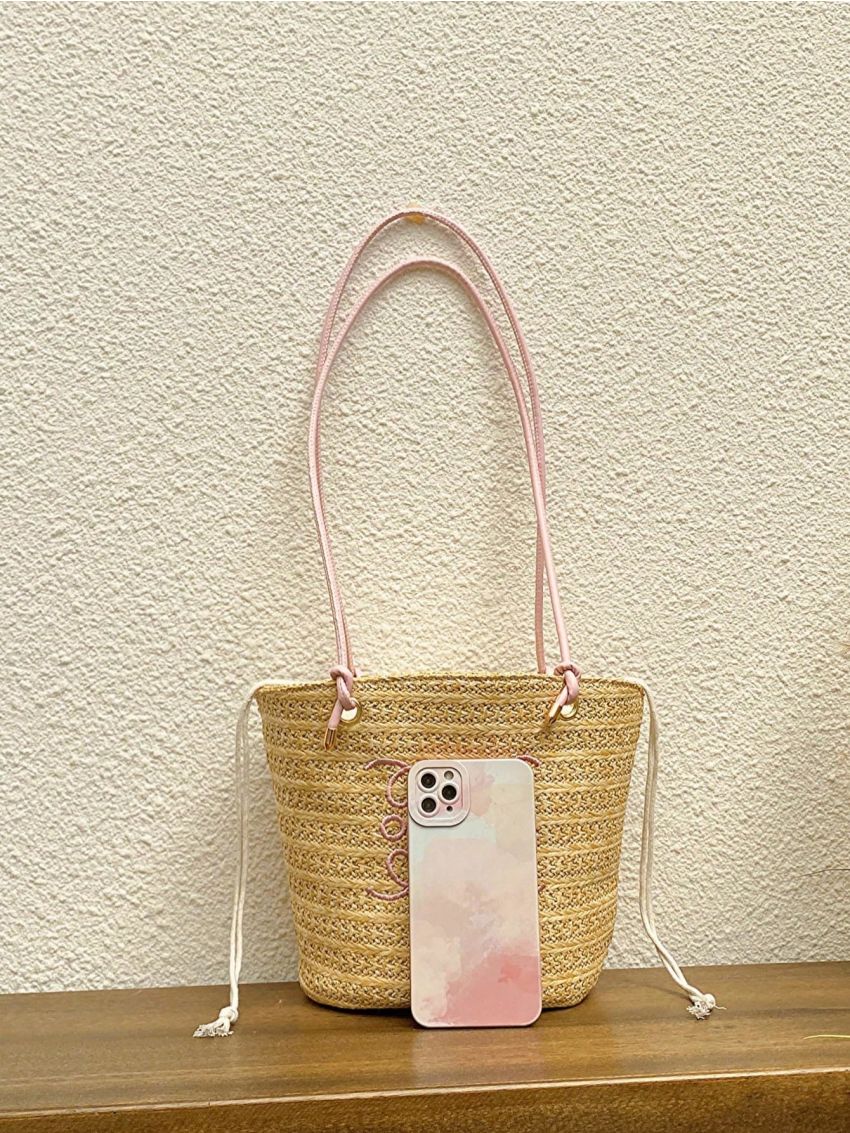 Embroidered Detail Straw Bag Vacation Khaki