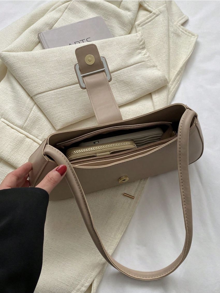 Buckle Decor Baguette Bag Zipper Black Elegant