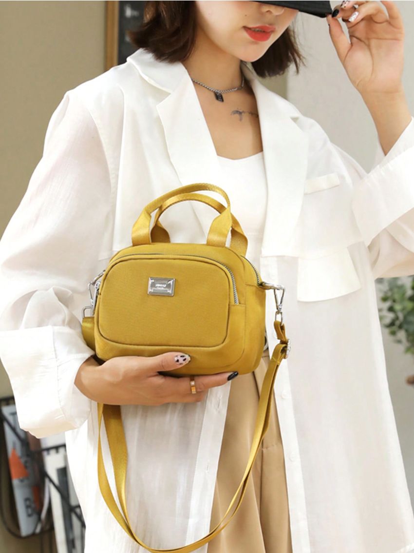 Red Square Bag Fashionable Letter Patch Decor Zipper Nylon