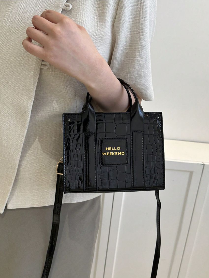 Mini Square Bag Crocodile Embossed Letter Patch Detail Elegant