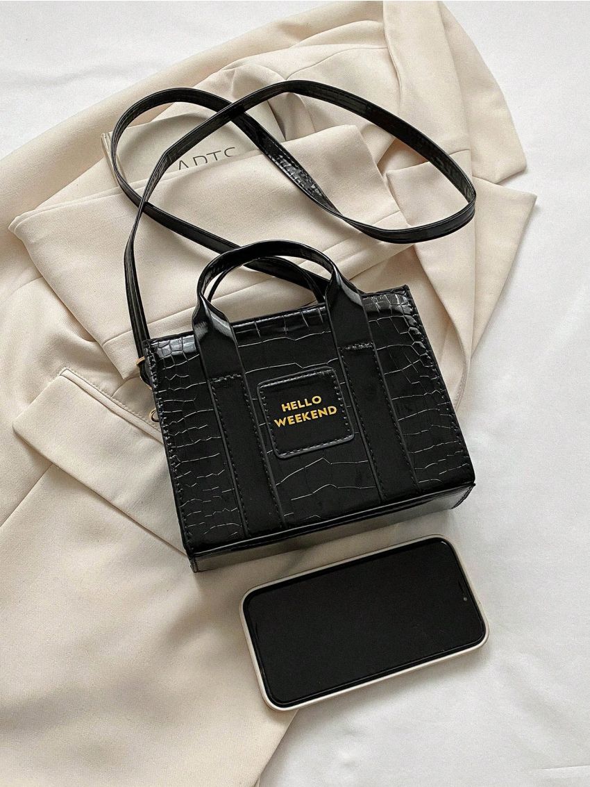Mini Square Bag Crocodile Embossed Letter Patch Detail Elegant