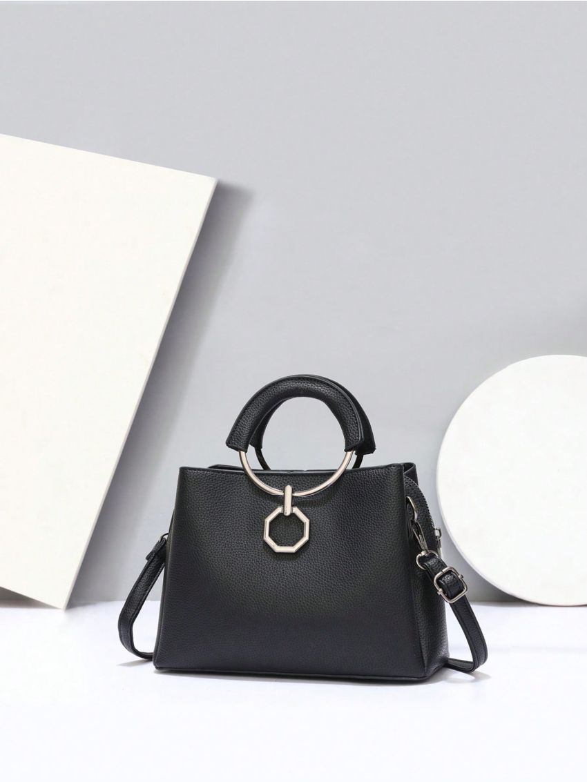 Geometric Decor Bucket Bag Litchi Embossed PU Elegant