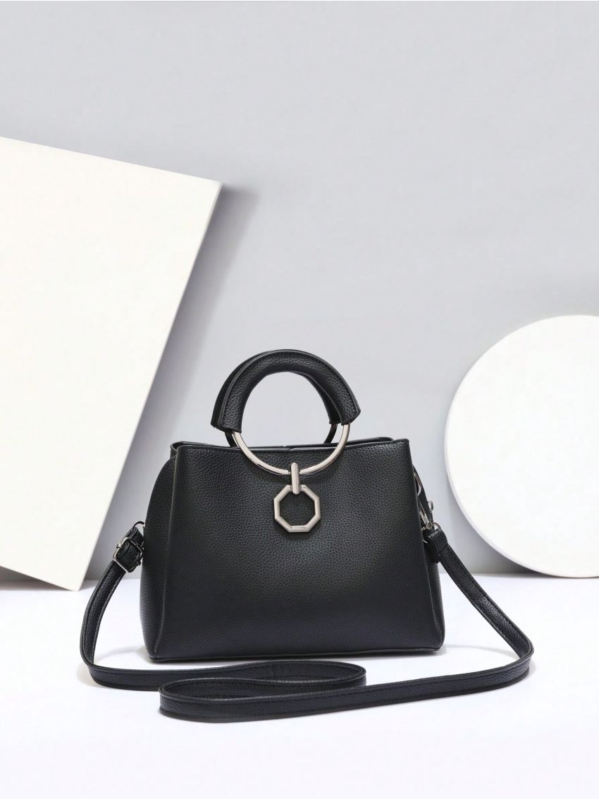 Geometric Decor Bucket Bag Litchi Embossed PU Elegant