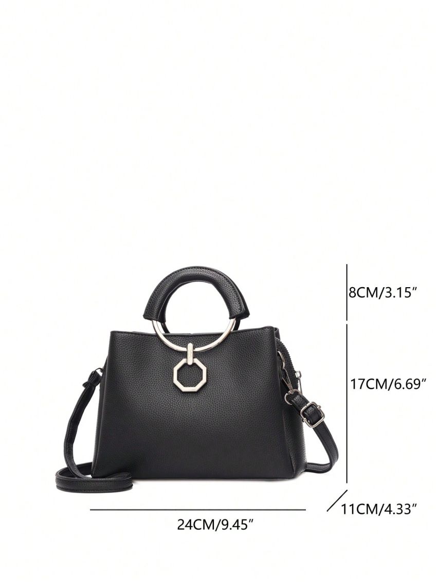 Geometric Decor Bucket Bag Litchi Embossed PU Elegant