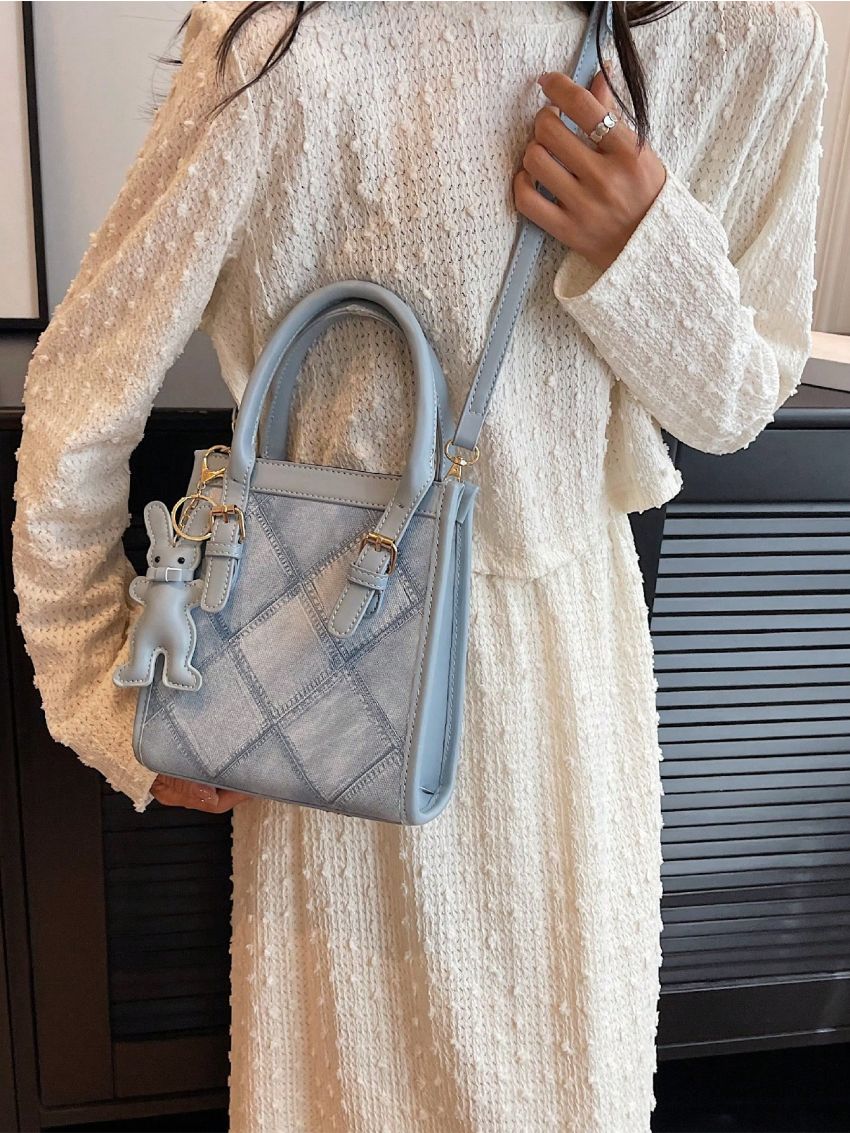 Mini Square Bag PU Double Handle Fashionable Plaid Pattern