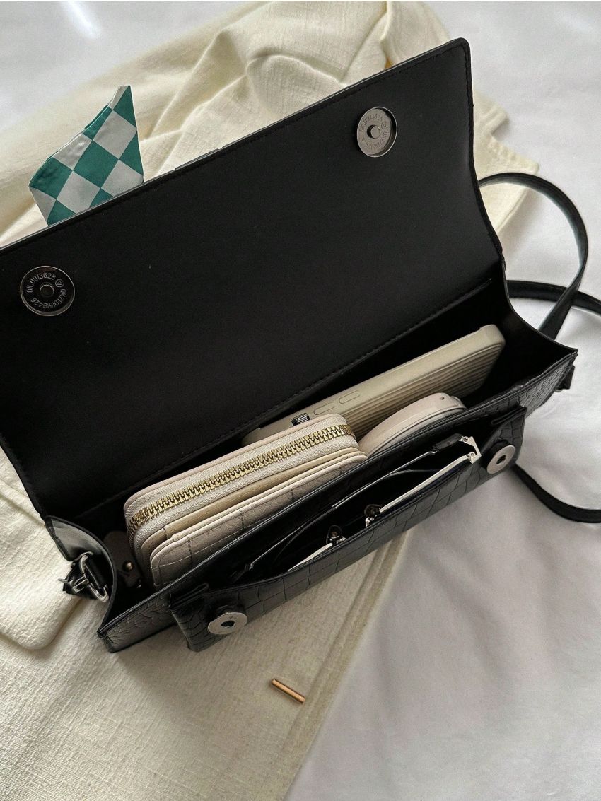 Plaid Twilly Scarf Decor Baguette Bag Crocodile Embossed Flap Fashion PU