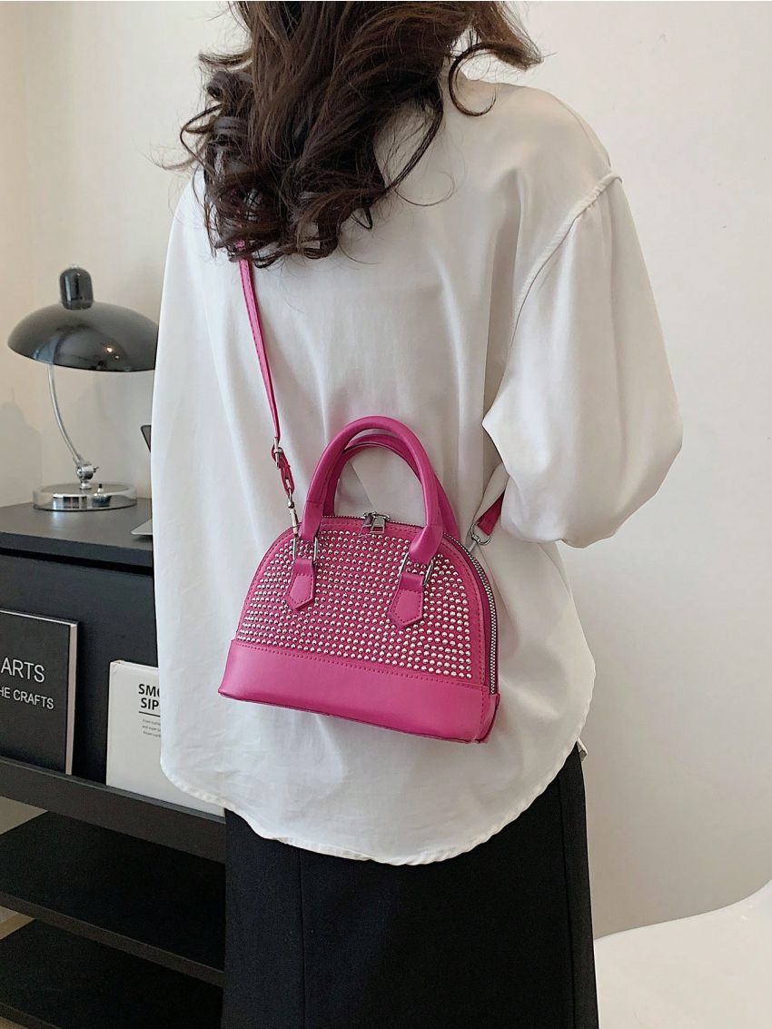 Studded Decor Dome Bag Adjustable Strap Zipper Fashion PU