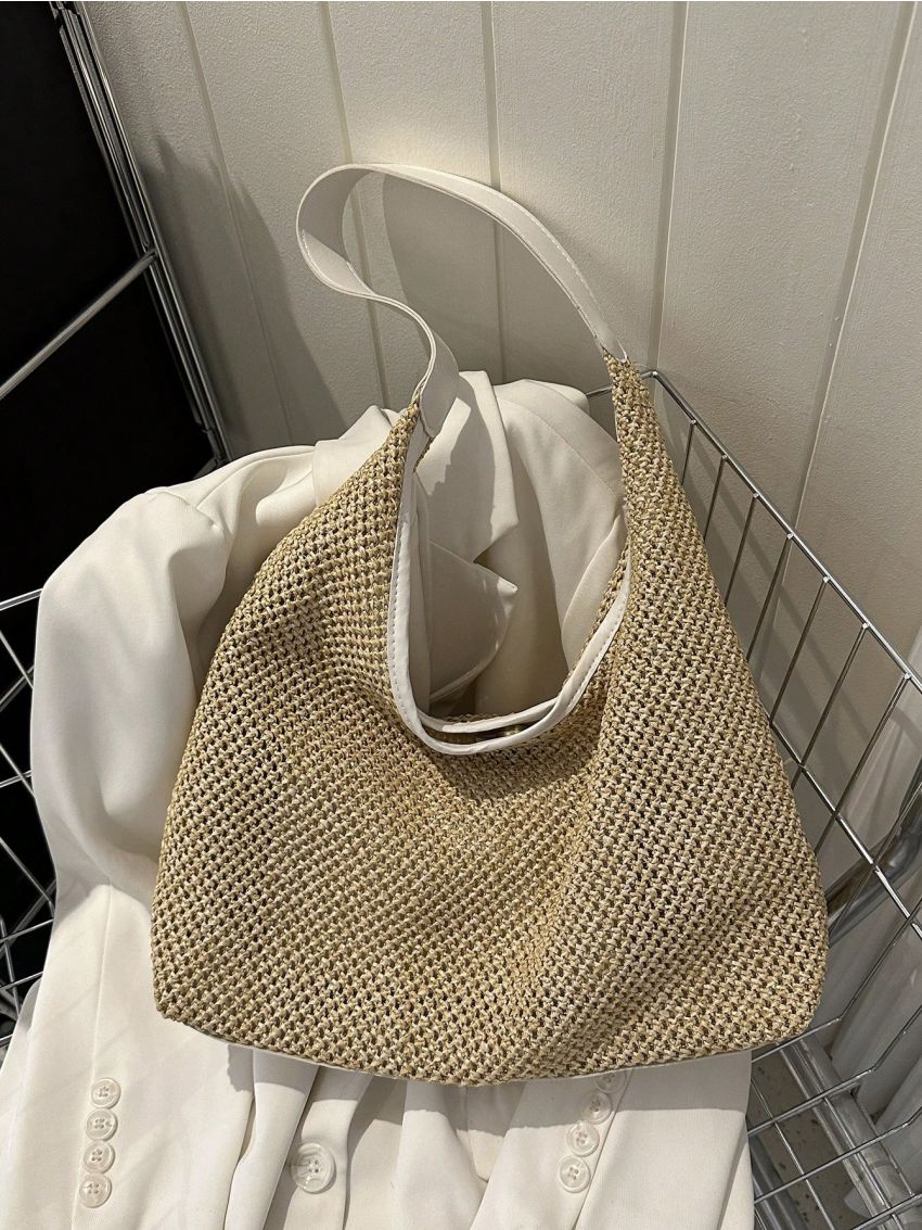 Hollow Out Straw Bag With Small Pouch Magnet Boho Polyester