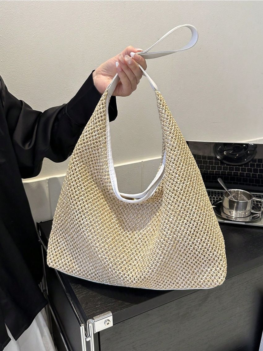 Hollow Out Straw Bag With Small Pouch Magnet Boho Polyester