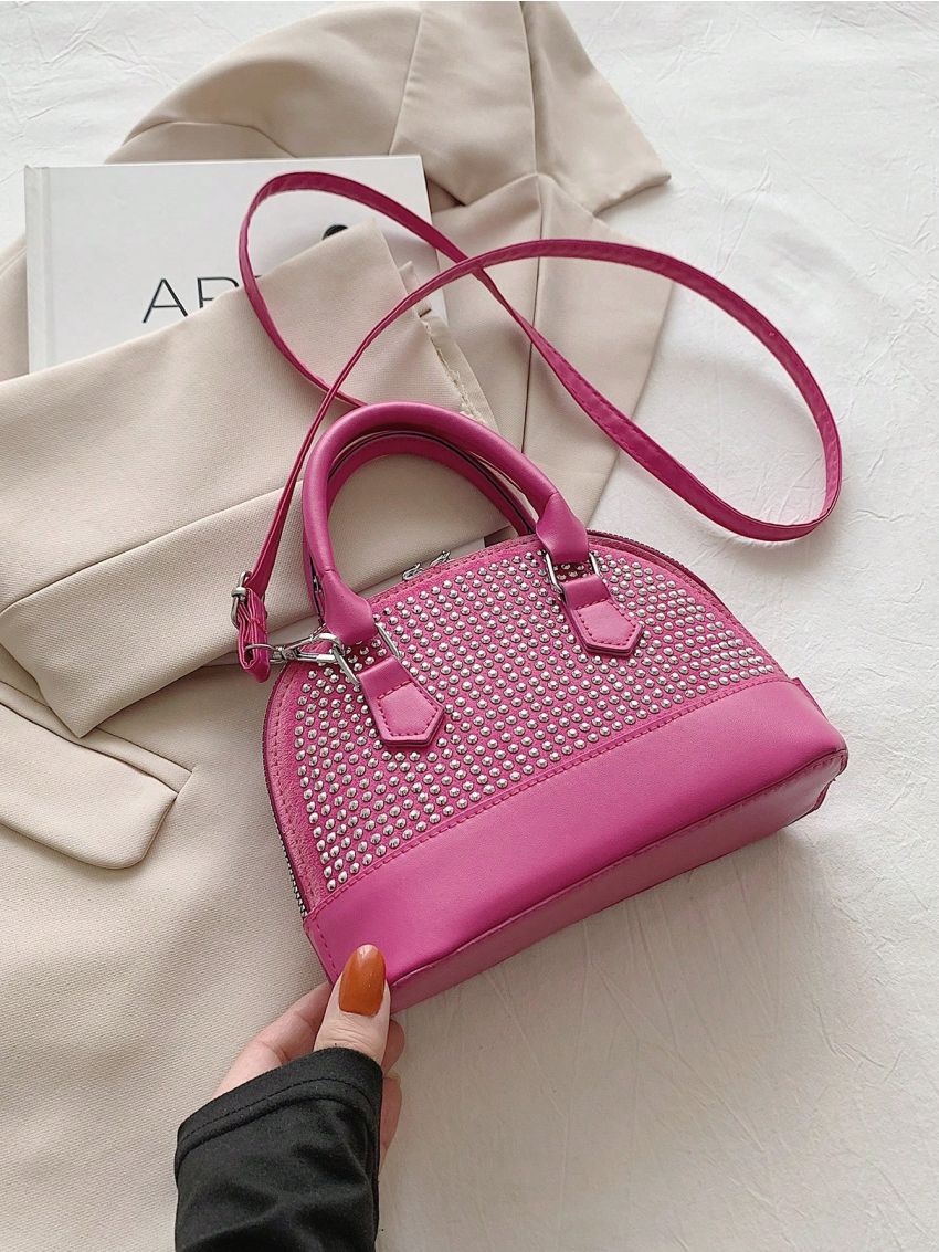 Studded Decor Dome Bag Adjustable Strap Zipper Fashion PU