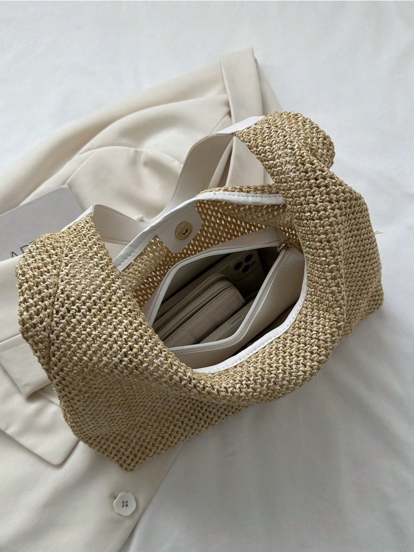 Hollow Out Straw Bag With Small Pouch Magnet Boho Polyester