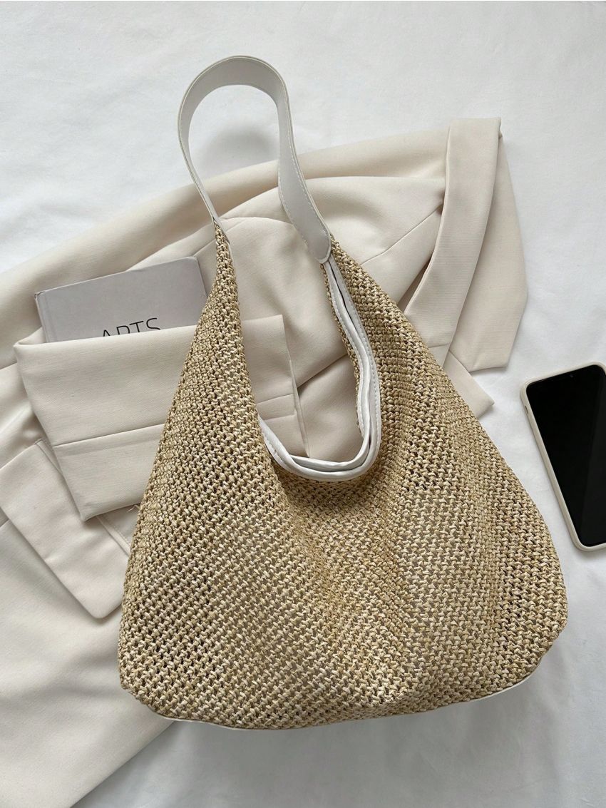 Hollow Out Straw Bag With Small Pouch Magnet Boho Polyester