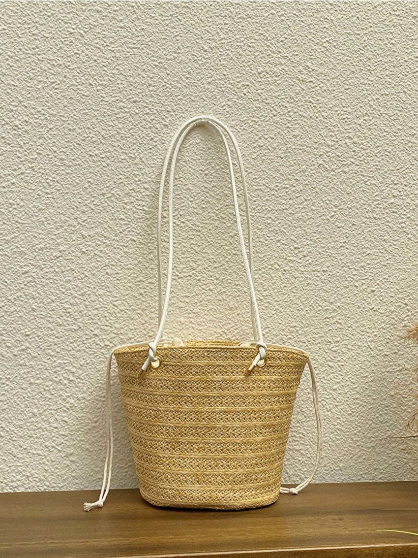 Embroidered Detail Straw Bag Adjustable Strap Drawstring Boho