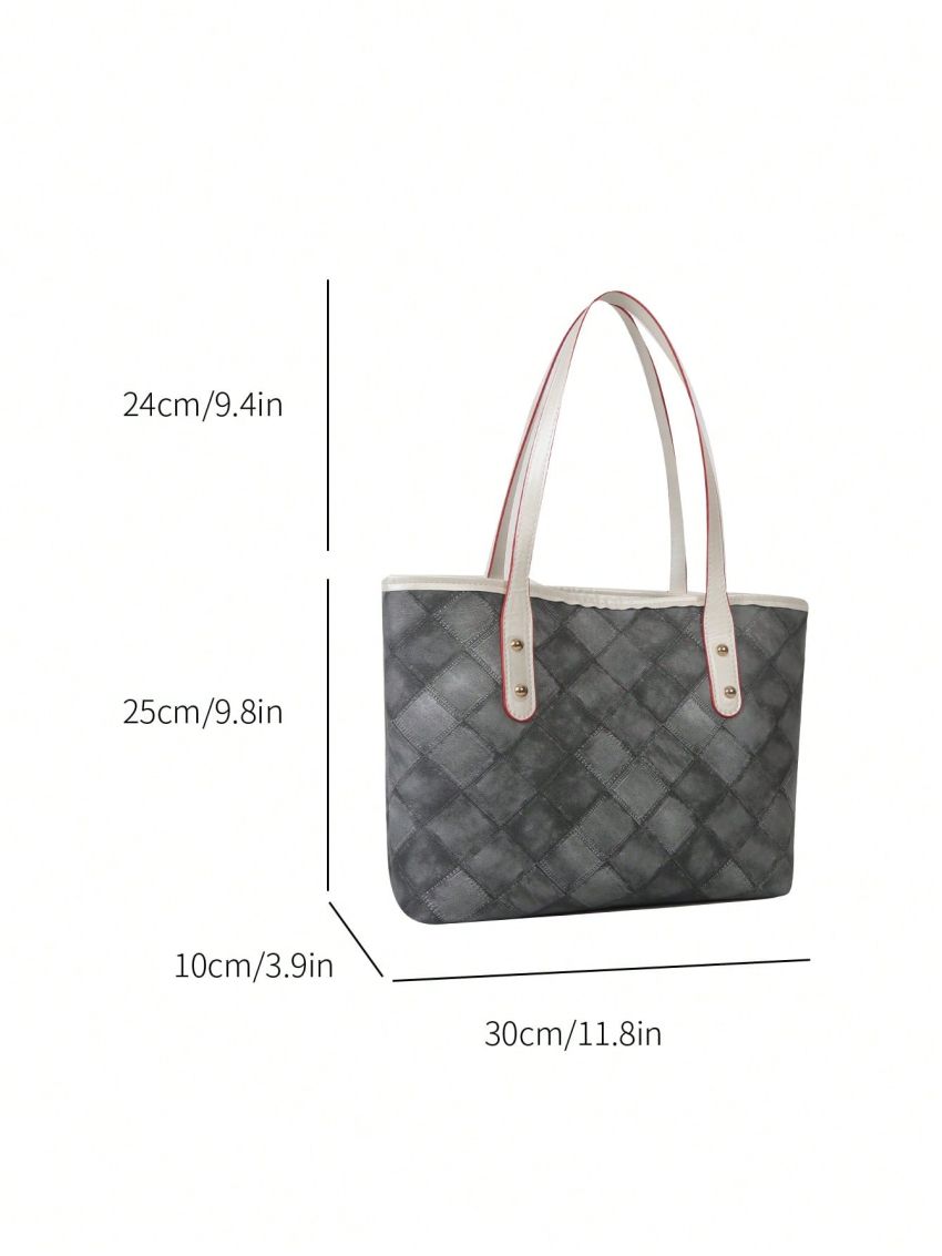 Plaid Pattern Shoulder Tote Bag Contrast Binding PU Fashionable
