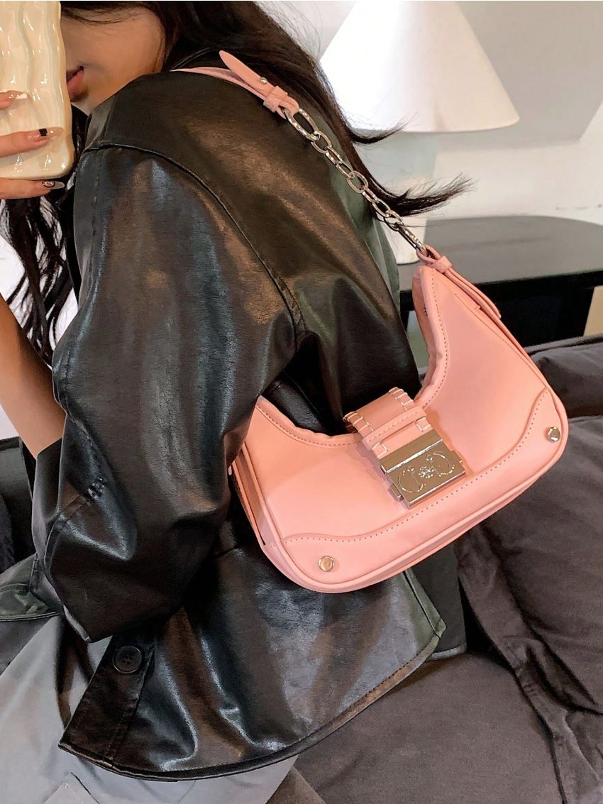 Metal Decor Hobo Bag PU Pink Fashionable