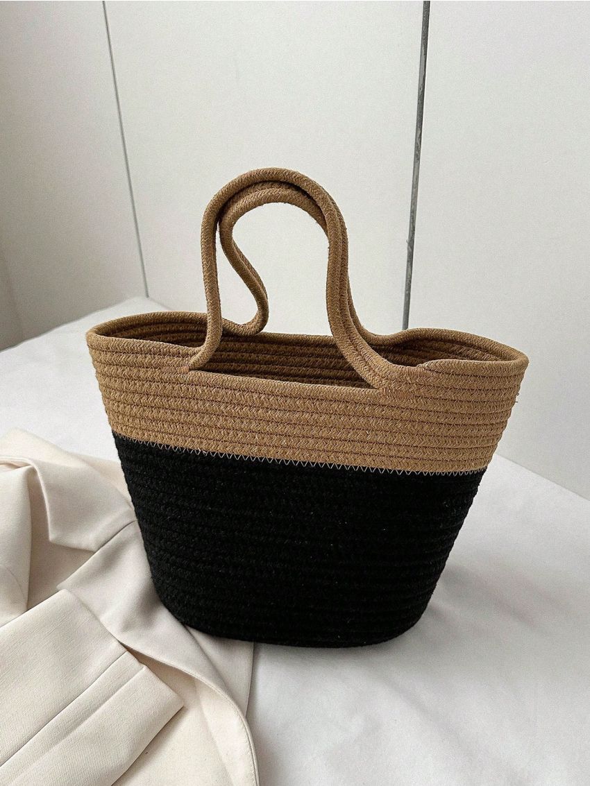 Color Block Straw Bag Vacation Double Handle