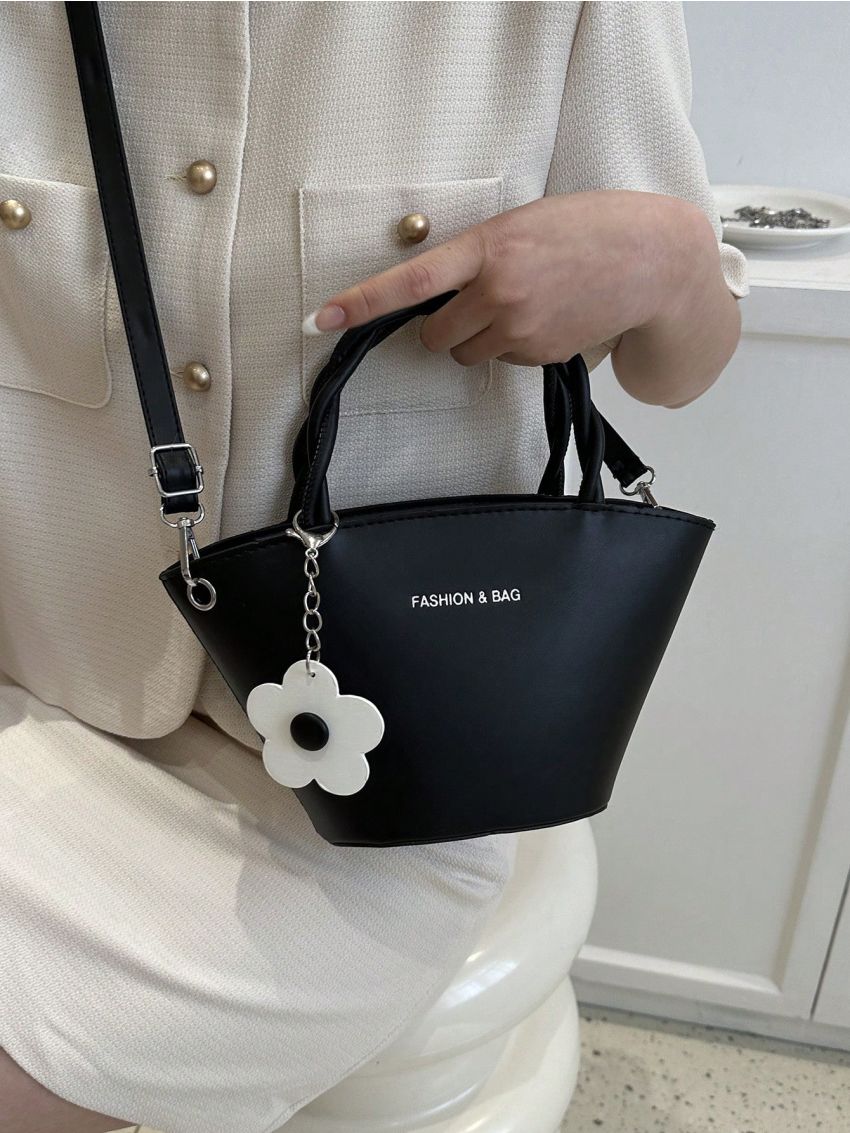 Letter Print Bucket Bag Black Double Handle For Daily