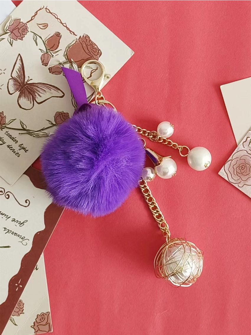 Faux Pearl & Pom Pom Decor Bag Charm Key Chain