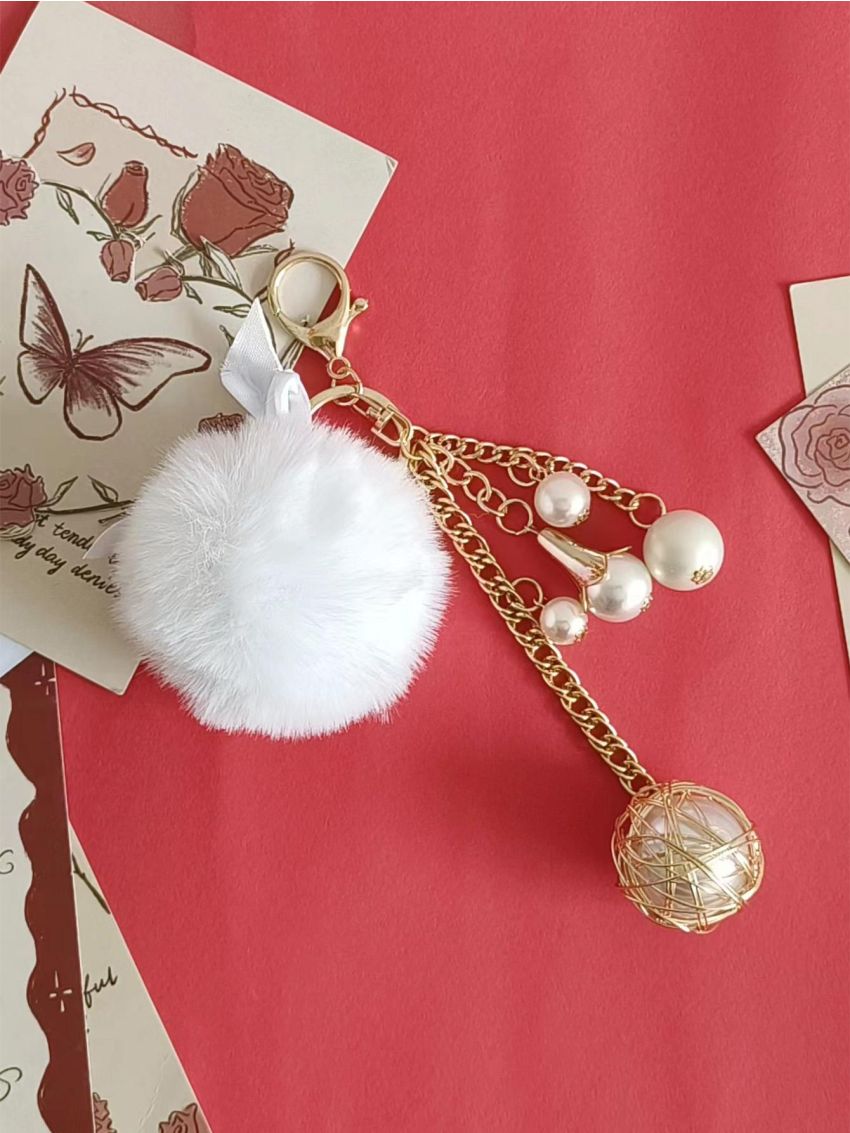 Faux Pearl & Pom Pom Decor Bag Charm Key Chain