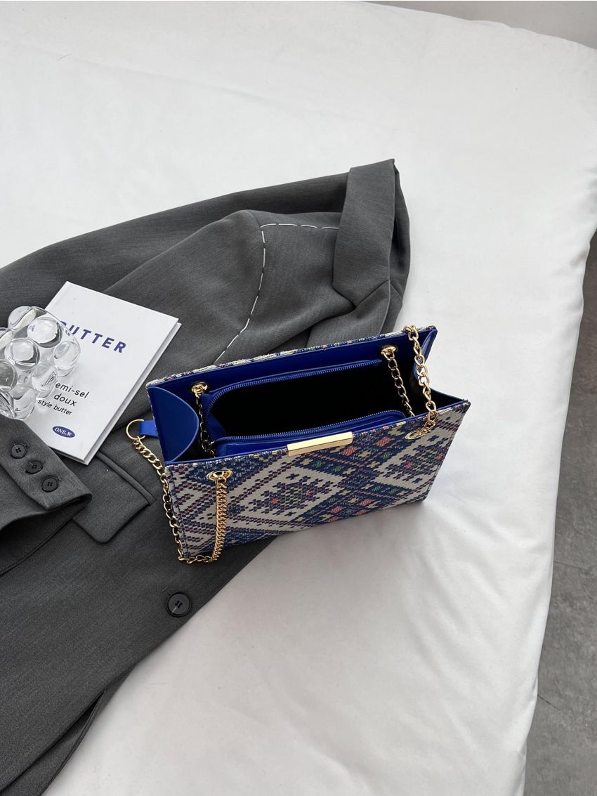 Geometric Pattern Square Bag Colorblock Chain Strap Fashionable