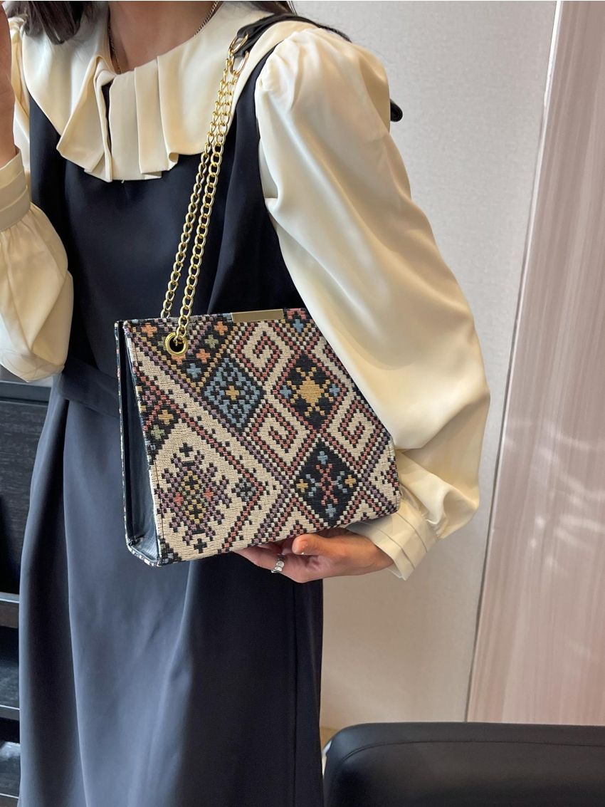 Geometric Pattern Square Bag Colorblock Chain Strap Fashionable