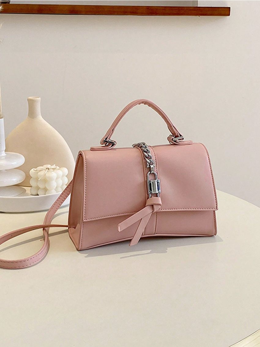 Pink Baguette Bag Chain Decor Black Fashionable