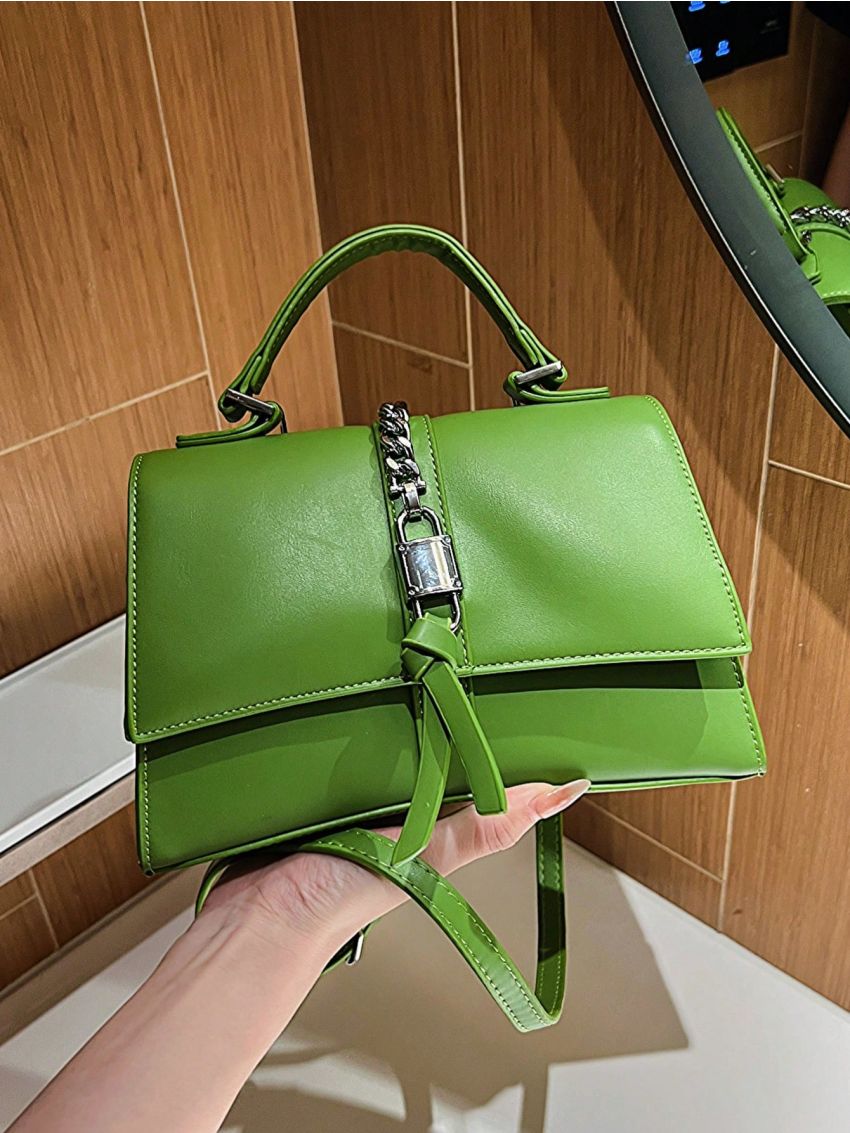 Green Baguette Bag Chain Decor Black Fashionable