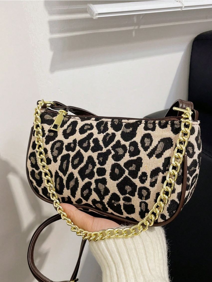 Leopard Pattern Square Bag Chain Decor Fashionable
