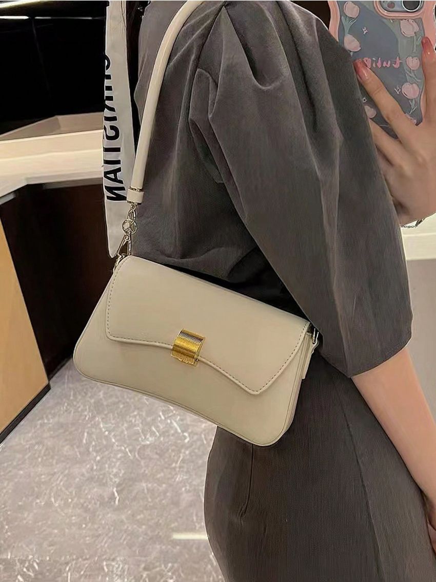Mini Baguette Bag Solid Color Flap PU Fashionable
