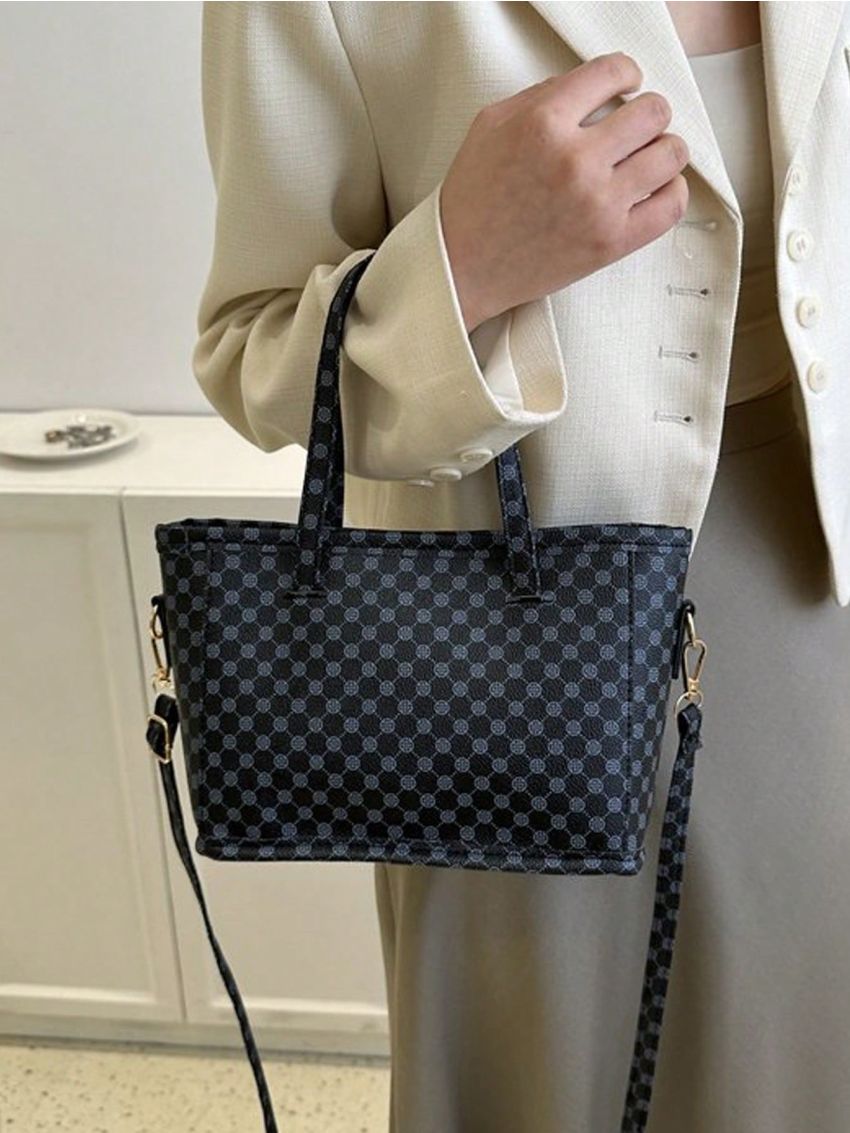 Geometric Pattern Square Bag Black Elegant Double Handle For Work