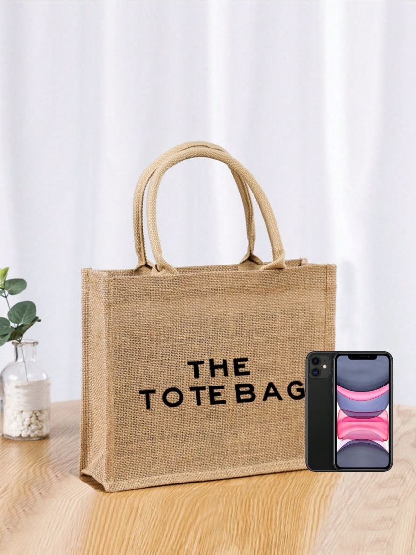 Letter Graphic Square Bag Double Handle Linen