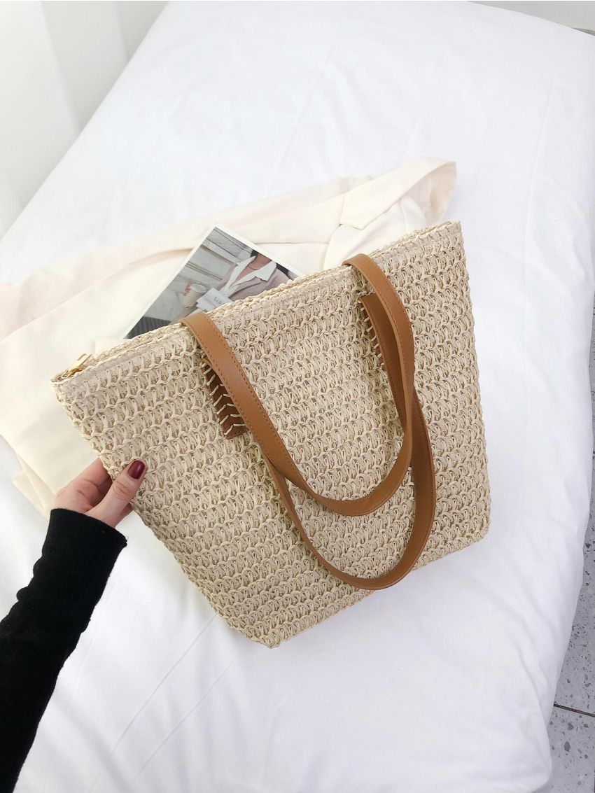 Minimalist Straw Bag Double Handle Vacation Style