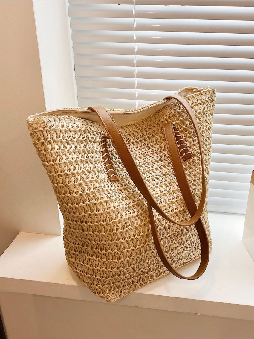 Minimalist Straw Bag Double Handle Vacation Style