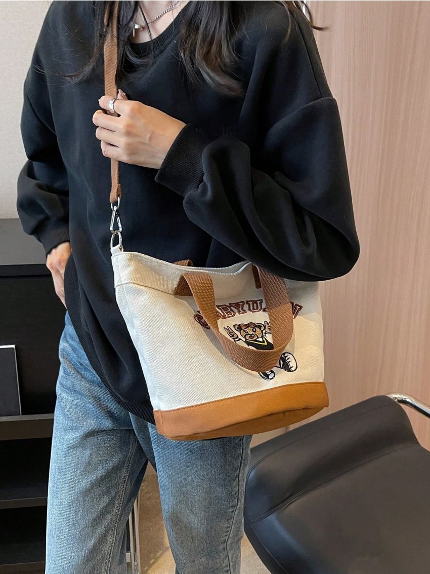 Cute Style Square Bag Cartoon Embroidery Design Double Handle