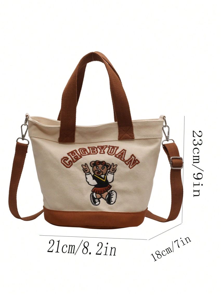 Cute Style Square Bag Cartoon Embroidery Design Double Handle