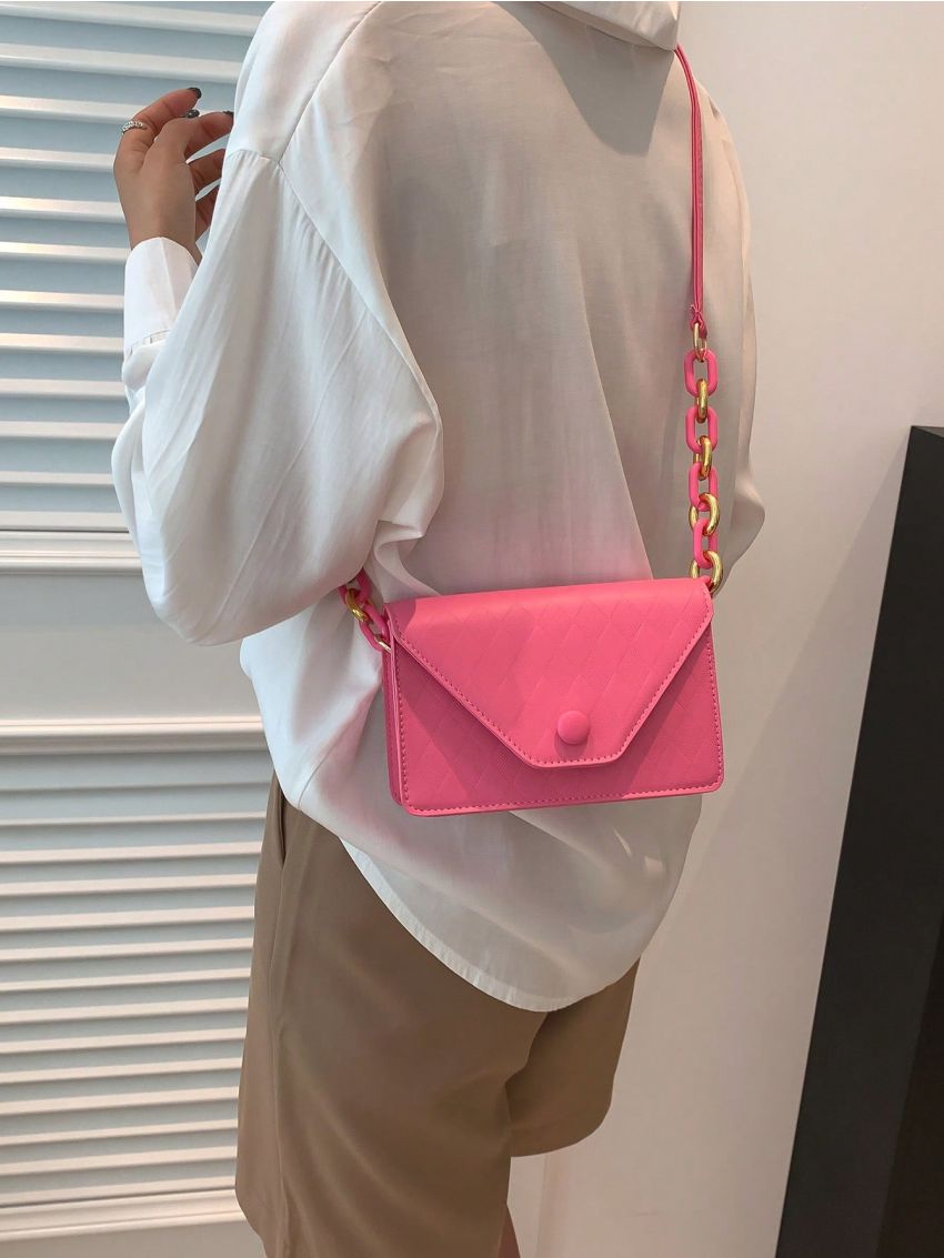 Mini Neon Pink Square Bag Geometric Embossed Chain Decor Flap