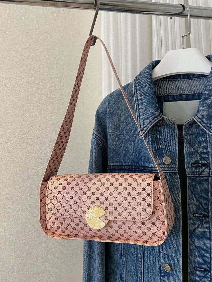 Geometric Pattern Flap Baguette Bag Metal Decor