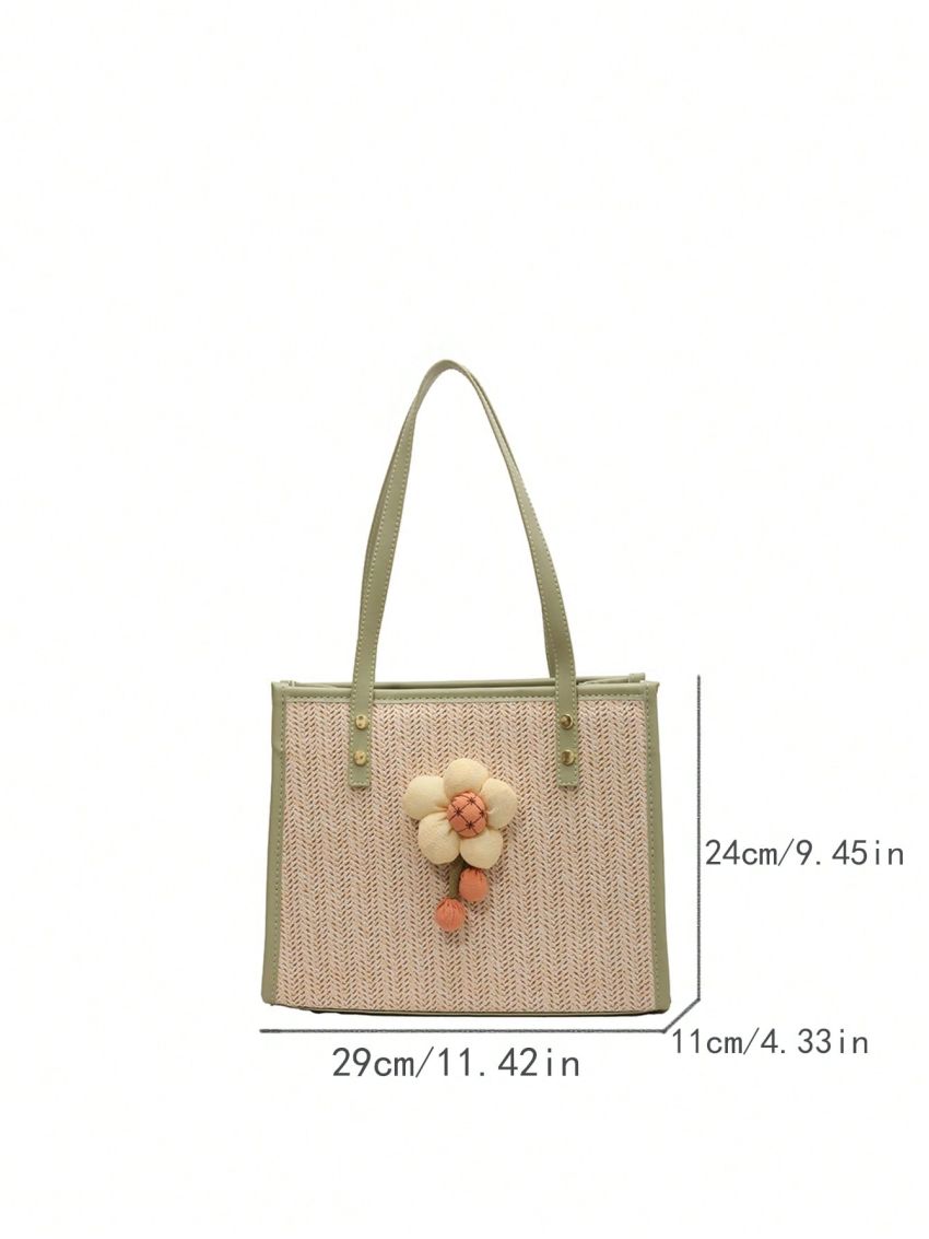 Flower Decor Contrast Binding Straw Bag Studded Detail